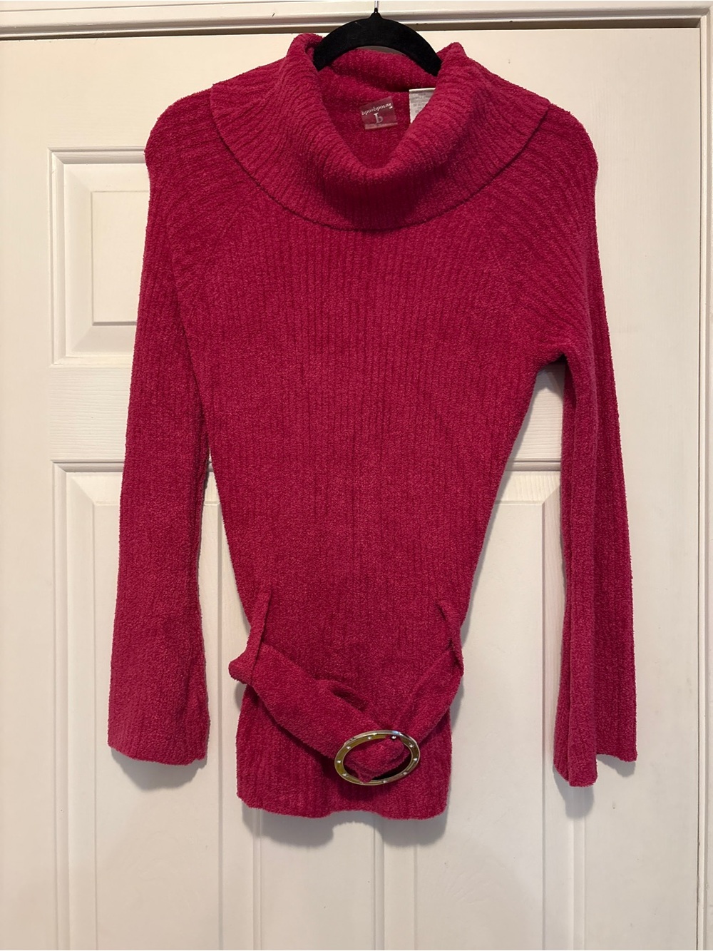 Women's Pink Ribbed Cowl Neck Sweater with Belt